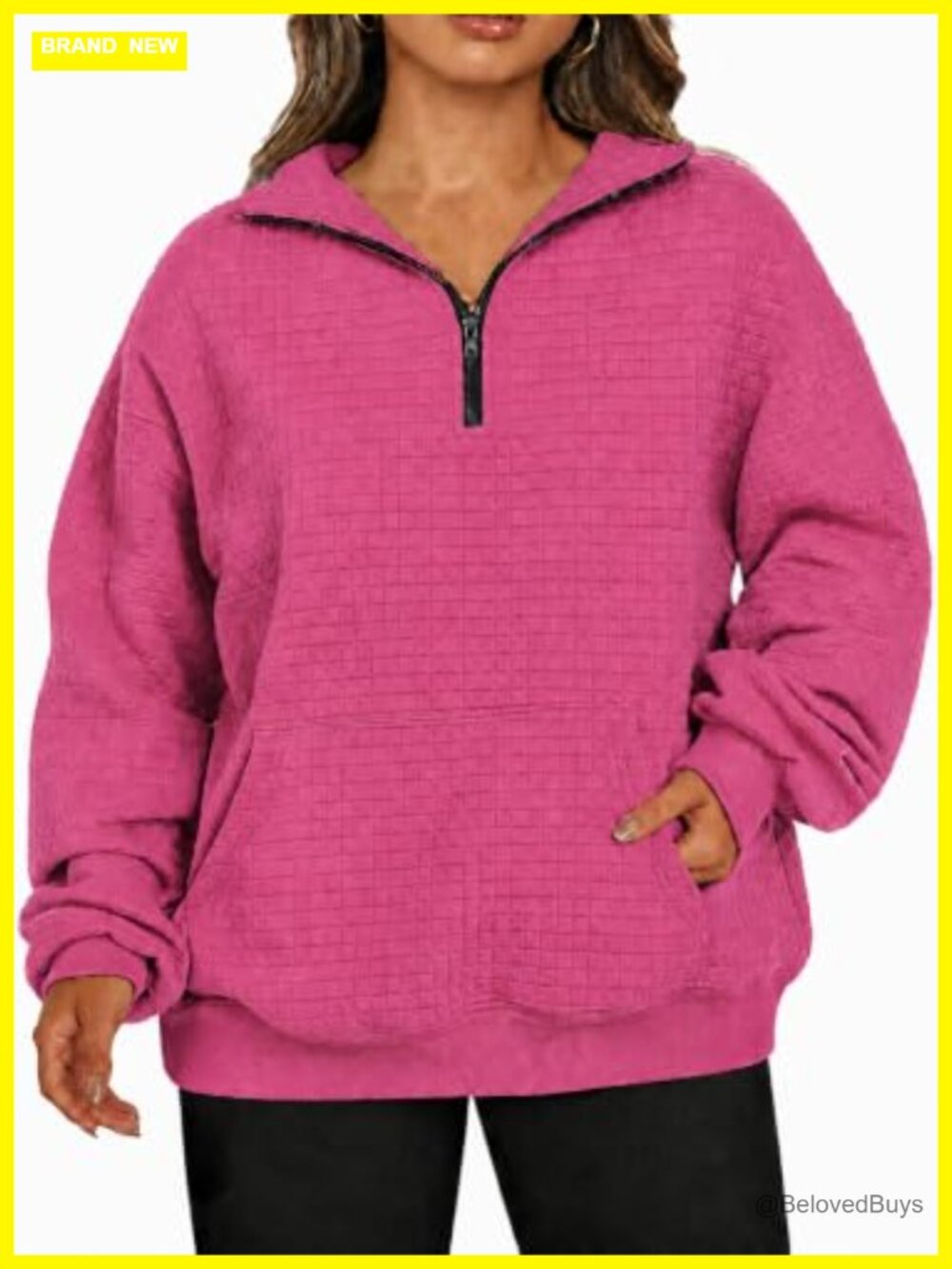 Plus Size Half Zip Oversized Sweatshirt Quilted Pullover with Kangaroo Pocket